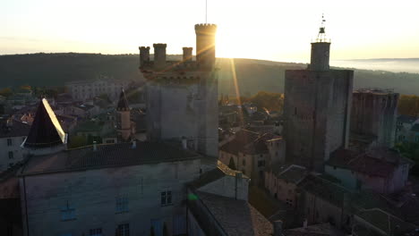 Flying-along-the-Castle-of-Uzes-the-duchy-sunrise-France-Gard-beautiful-old